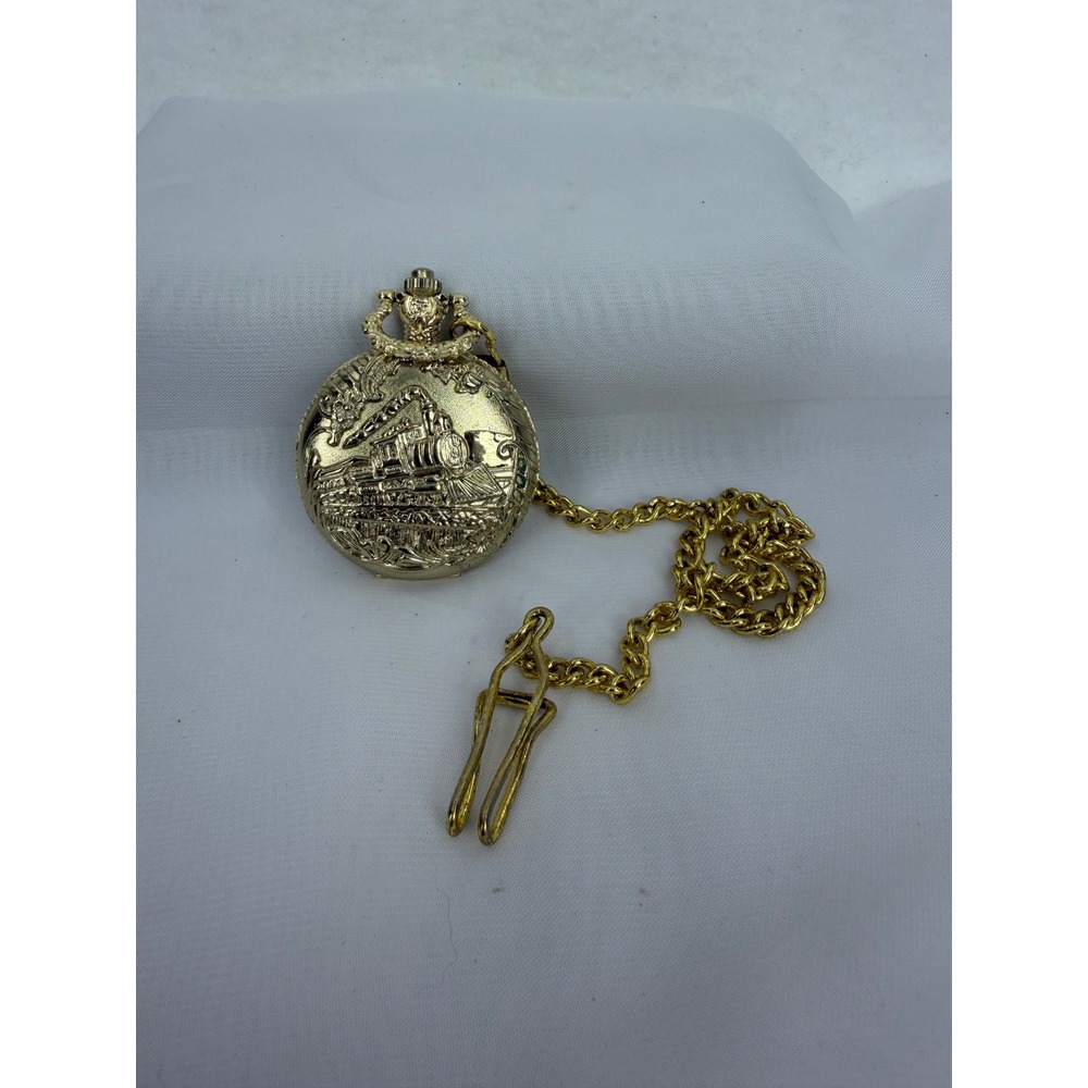 Gold Tone Steam Train Locomotive Quartz Pocket Watch with Chain and Clip